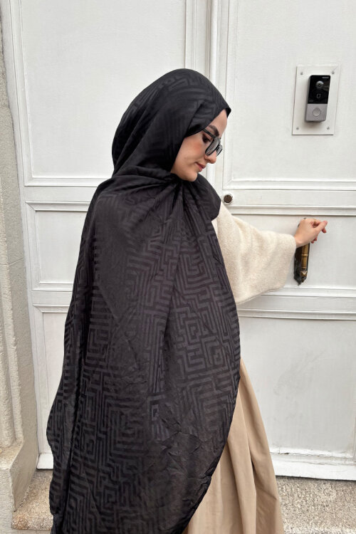 İtalyan Jakar Şal Labirent - Siyah - Camellia Scarfs (1)