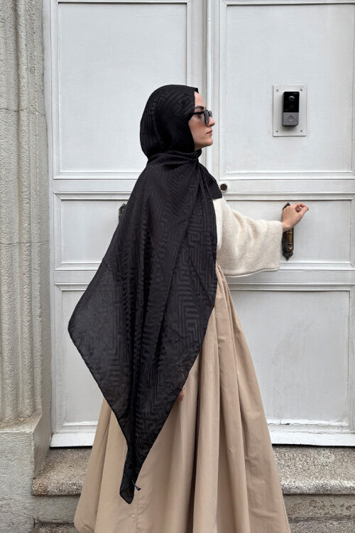 İtalyan Jakar Şal Labirent - Siyah - Camellia Scarfs