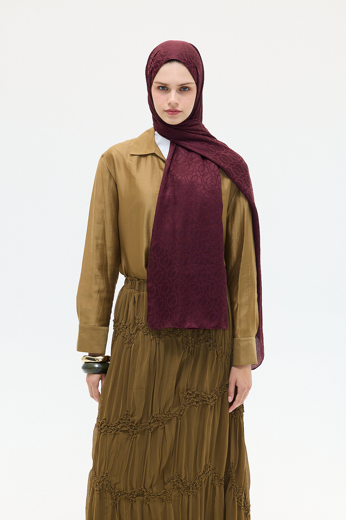 İtalyan Jakar Şal Çember Desen - Bordo - Camellia Scarfs