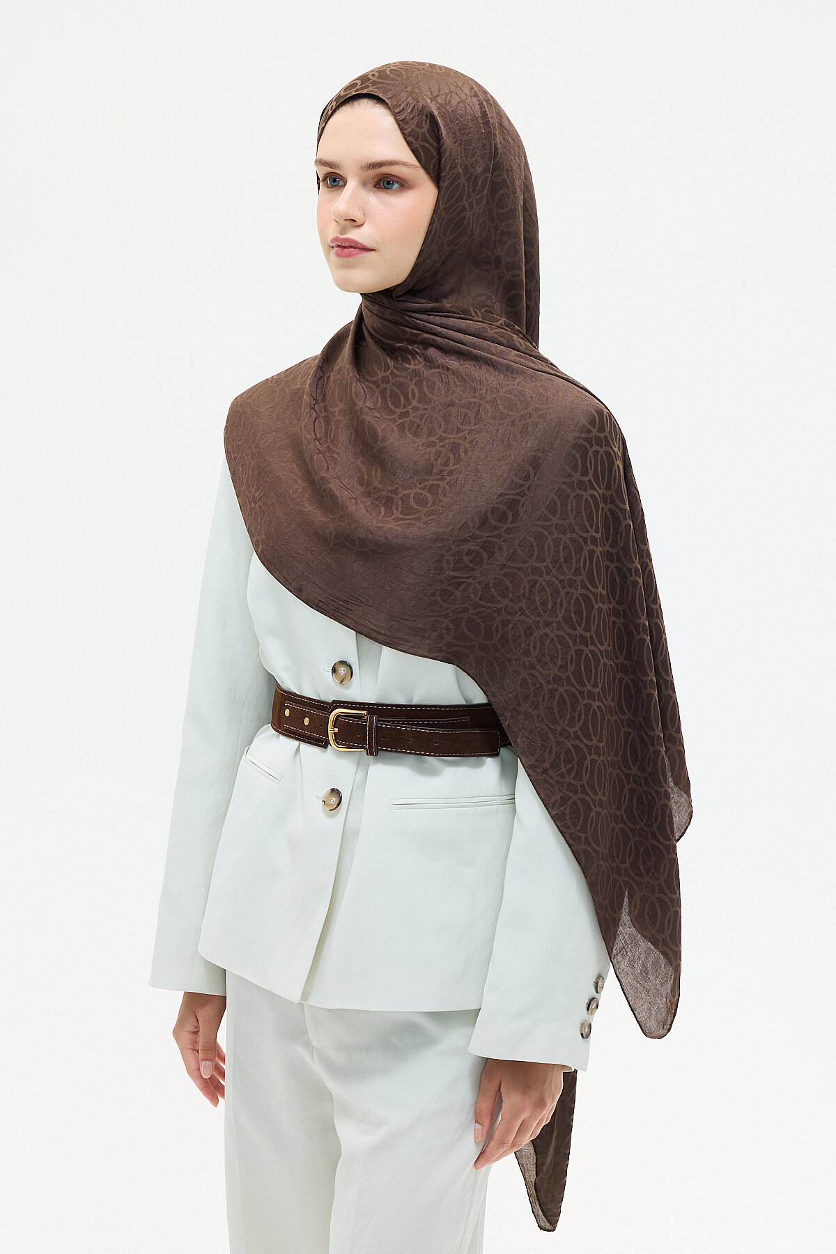 İtalyan Jakar Şal Çember Desen - Kahve - Camellia Scarfs