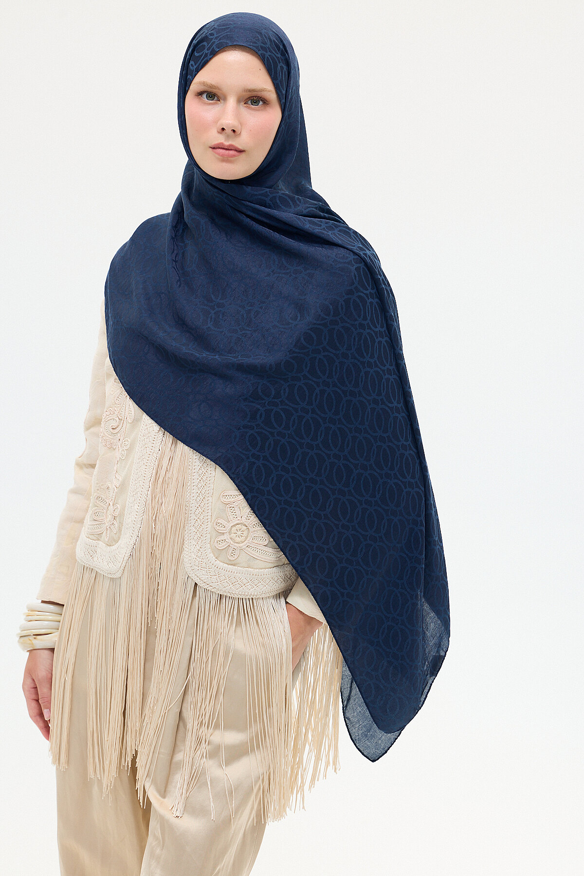 İtalyan Jakar Şal Çember Desen - Lacivert - Camellia Scarfs (1)