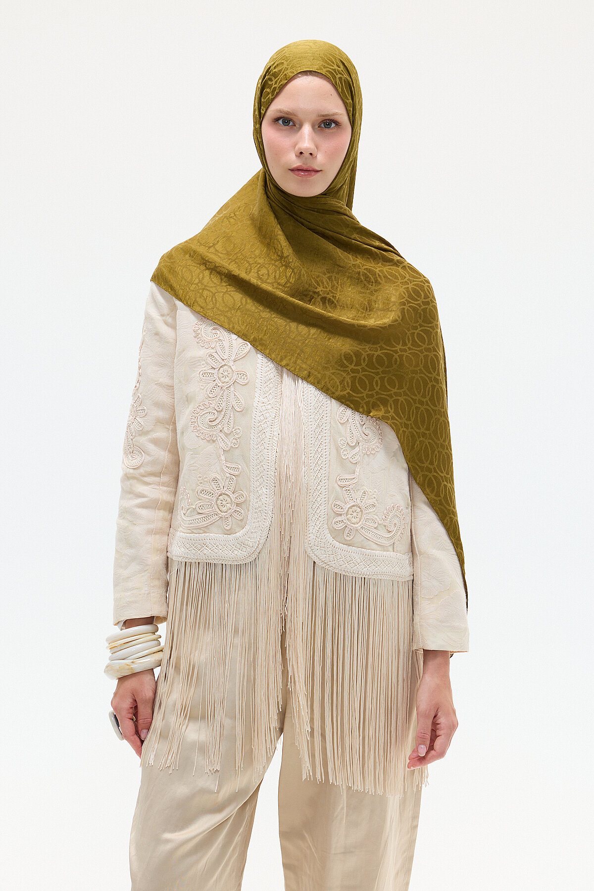 İtalyan Jakar Şal Çember Desen - Yağ Yeşili - Camellia Scarfs
