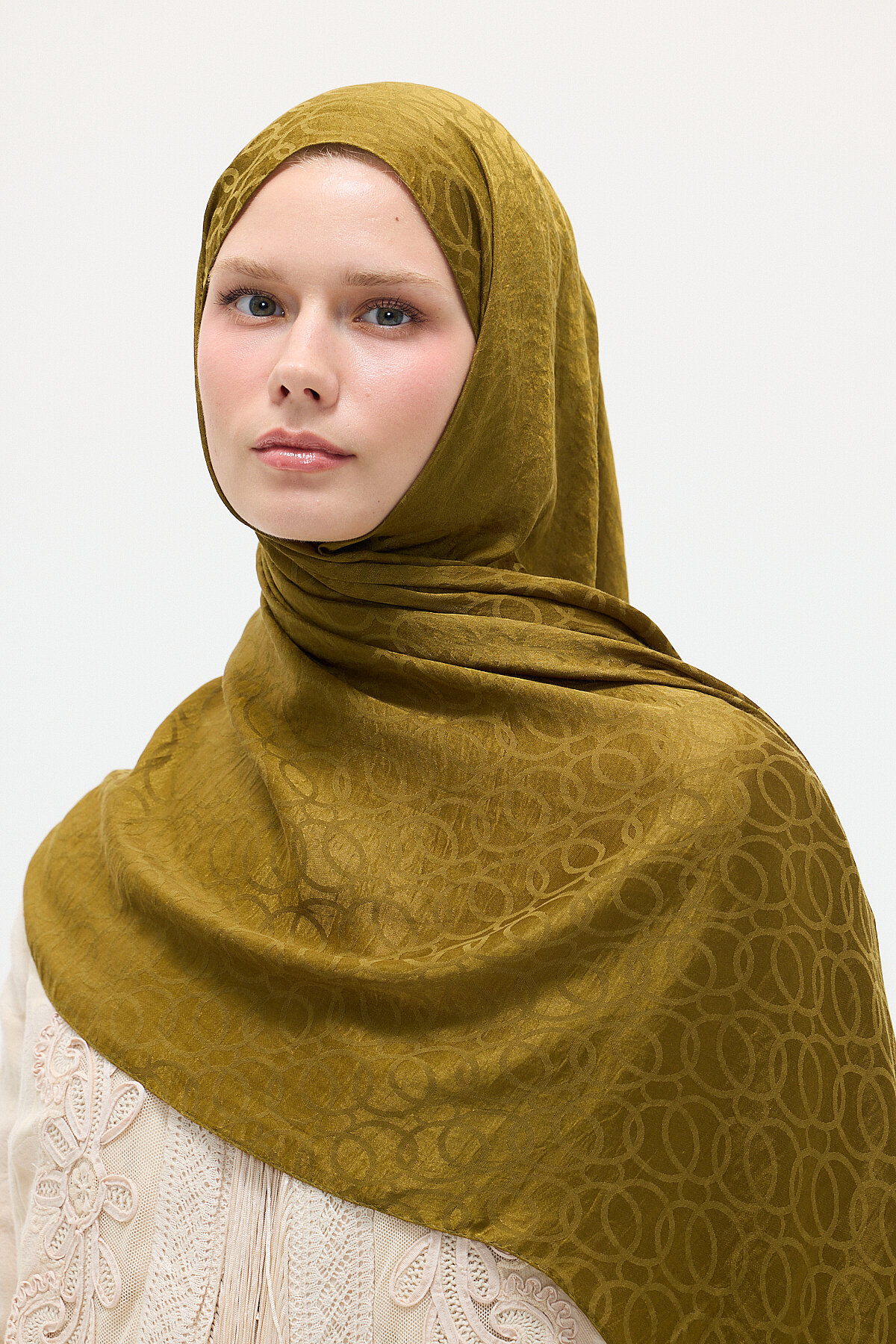 İtalyan Jakar Şal Çember Desen - Yağ Yeşili - Camellia Scarfs (1)