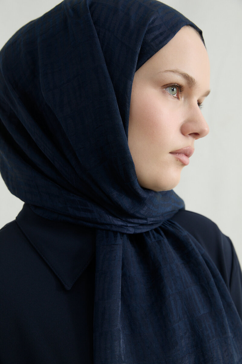 İtalyan Jakar Şal Column Desen - Lacivert - 3