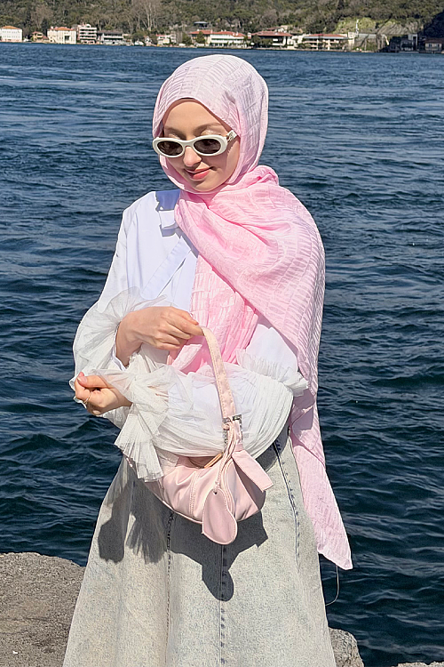 İtalyan Jakar Şal Column Desen - Şeker Pembe - Camellia Scarfs (1)