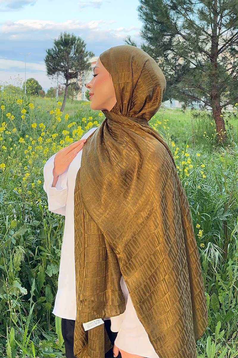 İtalyan Jakar Şal Column Desen - Yağ Yeşili - 3