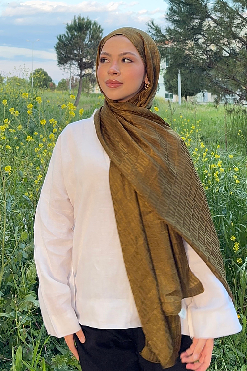 İtalyan Jakar Şal Column Desen - Yağ Yeşili - Camellia Scarfs