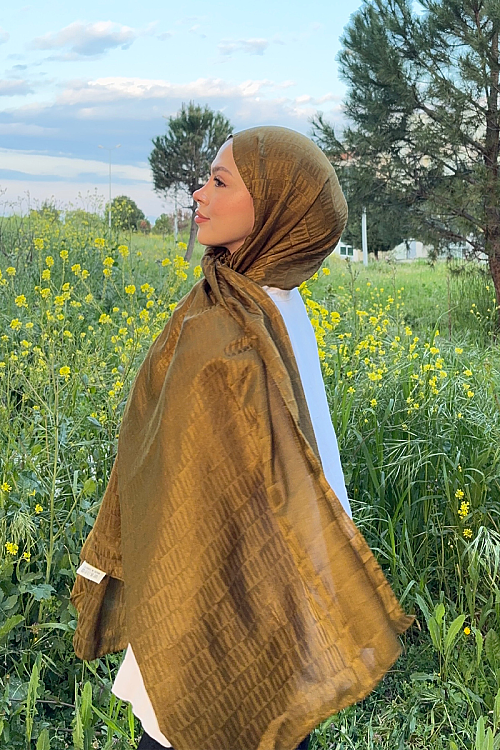 İtalyan Jakar Şal Column Desen - Yağ Yeşili - Camellia Scarfs (1)