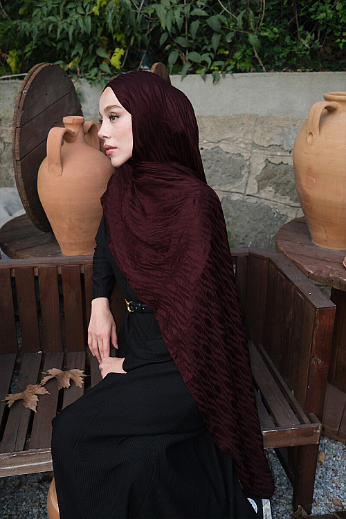 İtalyan Jakar Şal Dalga Desen - Bordo - Camellia Scarfs