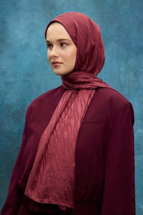 İtalyan Jakar Şal Dalga Desen - Cherry - Camellia Scarfs (1)