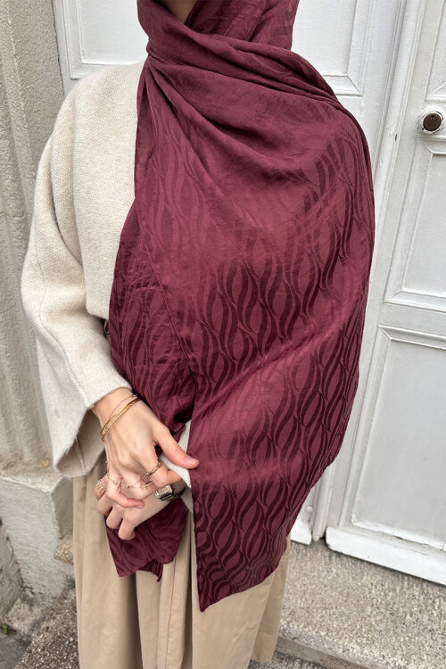 İtalyan Jakar Şal Dalga Desen - Cherry - Camellia Scarfs (1)