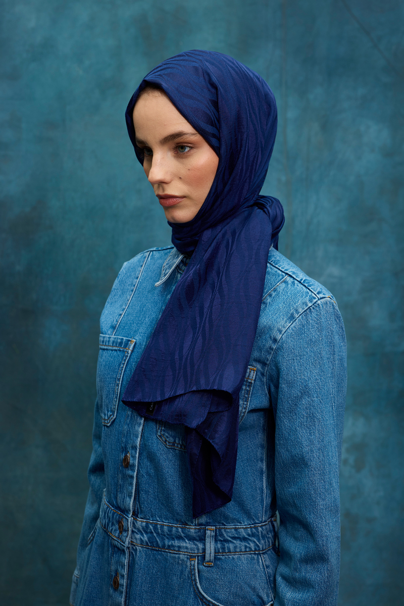 İtalyan Jakar Şal Dalga Desen - Gece Mavisi - 3