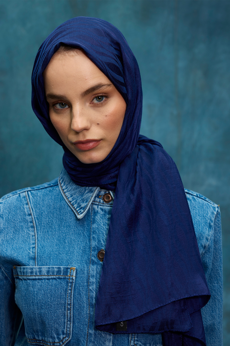 İtalyan Jakar Şal Dalga Desen - Gece Mavisi - 4