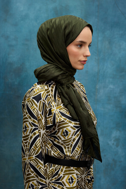 İtalyan Jakar Şal Dalga Desen - Haki - Camellia Scarfs (1)