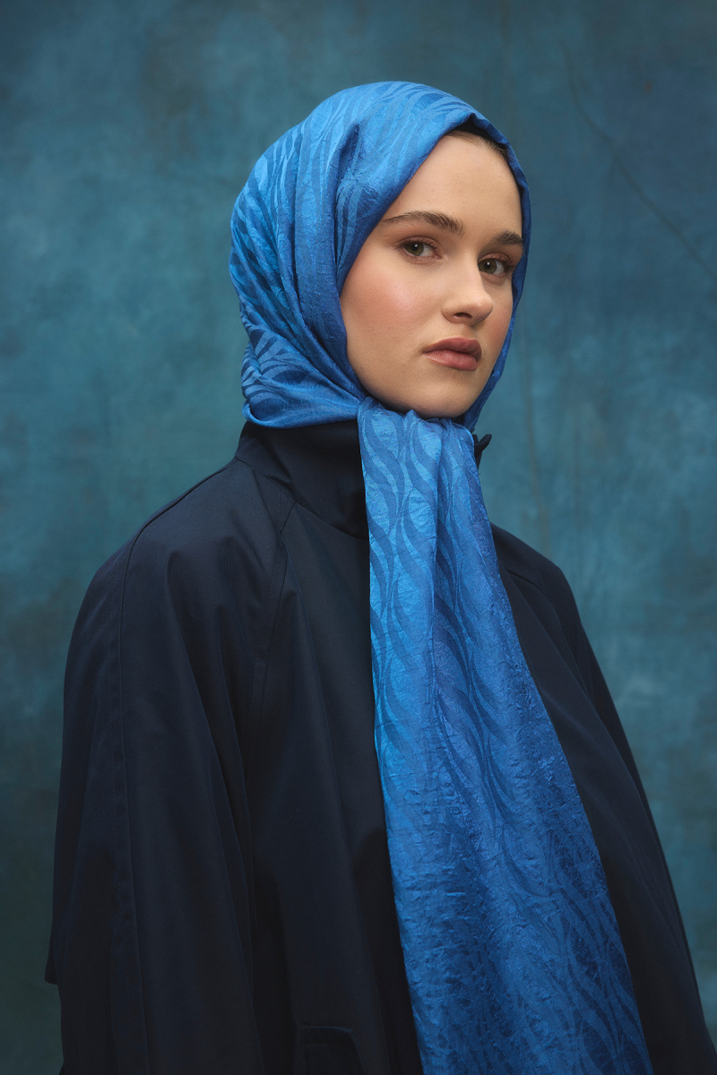 İtalyan Jakar Şal Dalga Desen - İndigo - 3