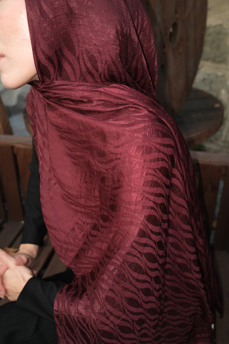 İtalyan Jakar Şal Dalga Desen - Koyu Bordo - 3