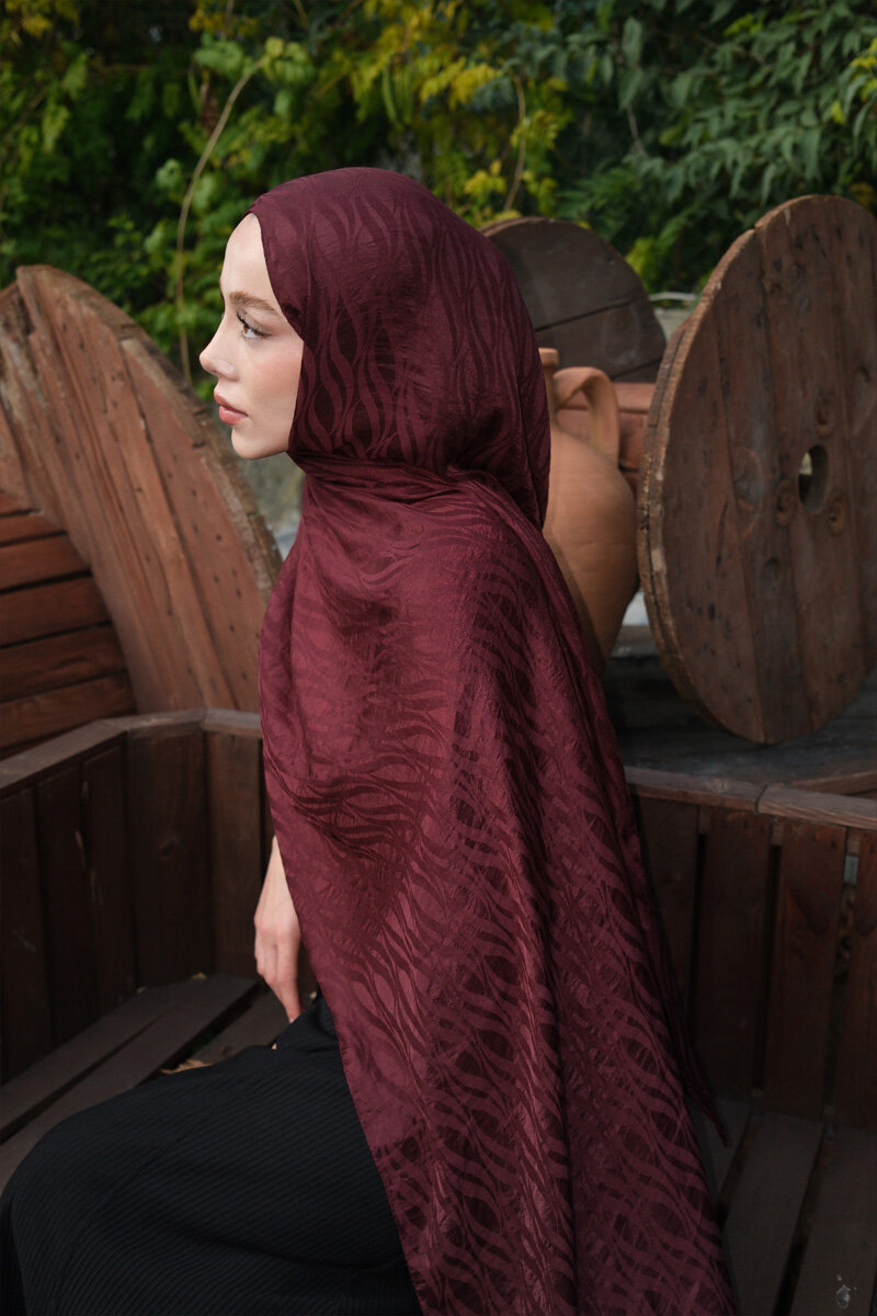 İtalyan Jakar Şal Dalga Desen - Koyu Bordo - 2