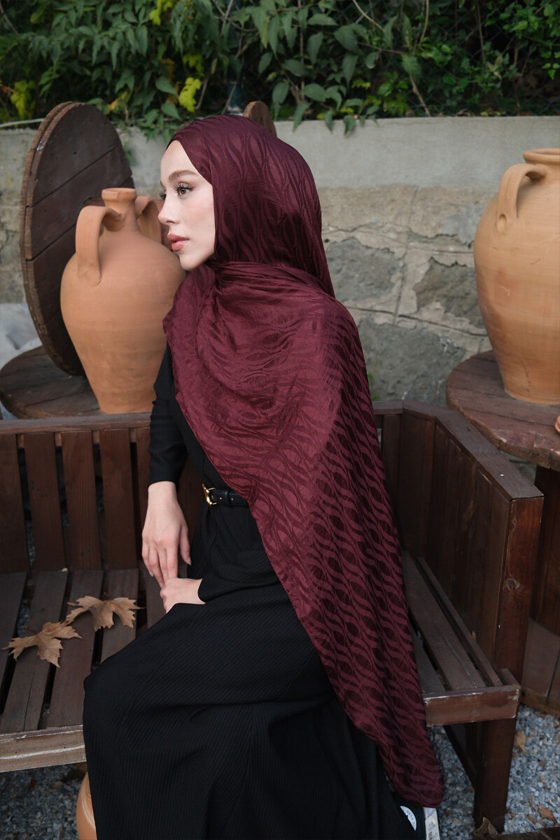İtalyan Jakar Şal Dalga Desen - Koyu Bordo - 1