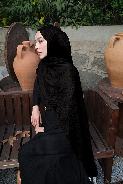 İtalyan Jakar Şal Dalga Desen - Siyah - Camellia Scarfs