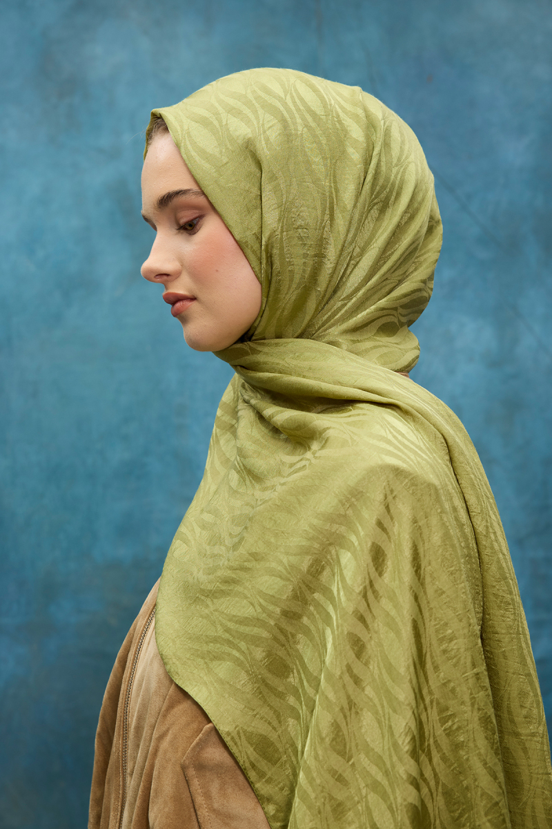 İtalyan Jakar Şal Dalga Desen - Yağ Yeşili - 4