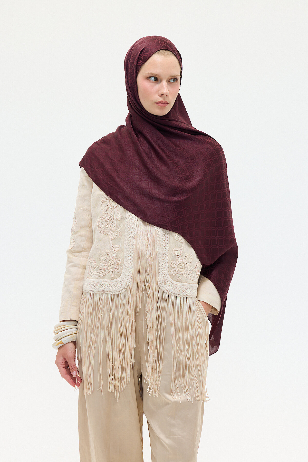 İtalyan Jakar Şal Dama Desen - Bordo - Camellia Scarfs (1)