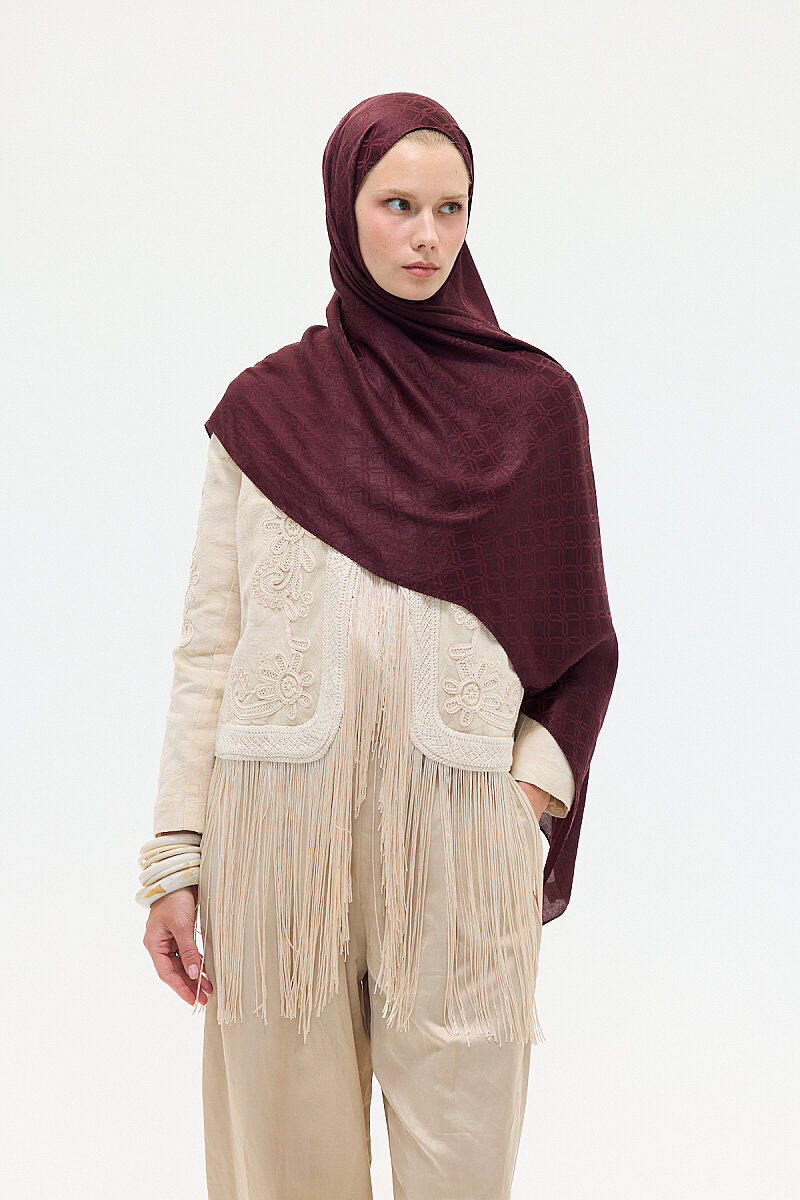 İtalyan Jakar Şal Dama Desen - Bordo - 2