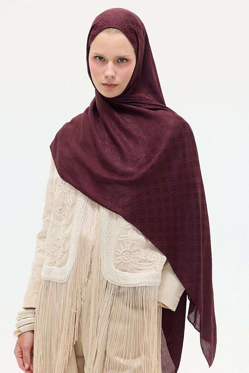 İtalyan Jakar Şal Dama Desen - Bordo - 3