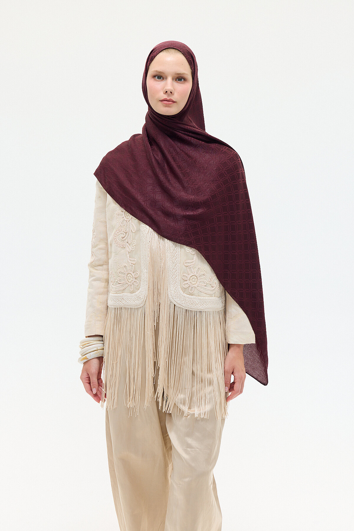 İtalyan Jakar Şal Dama Desen - Bordo - Camellia Scarfs