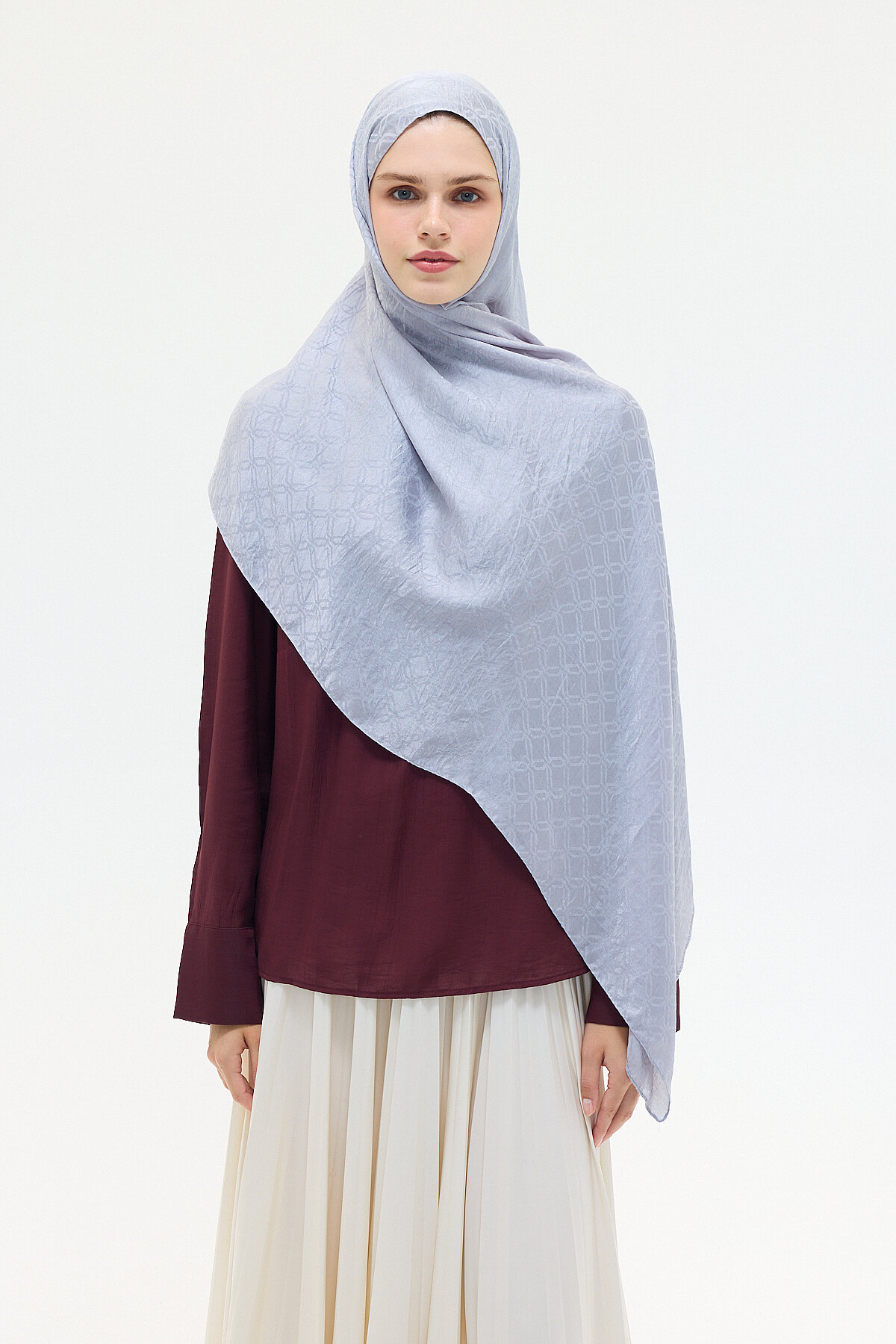 İtalyan Jakar Şal Dama Desen - Gümüş - Camellia Scarfs