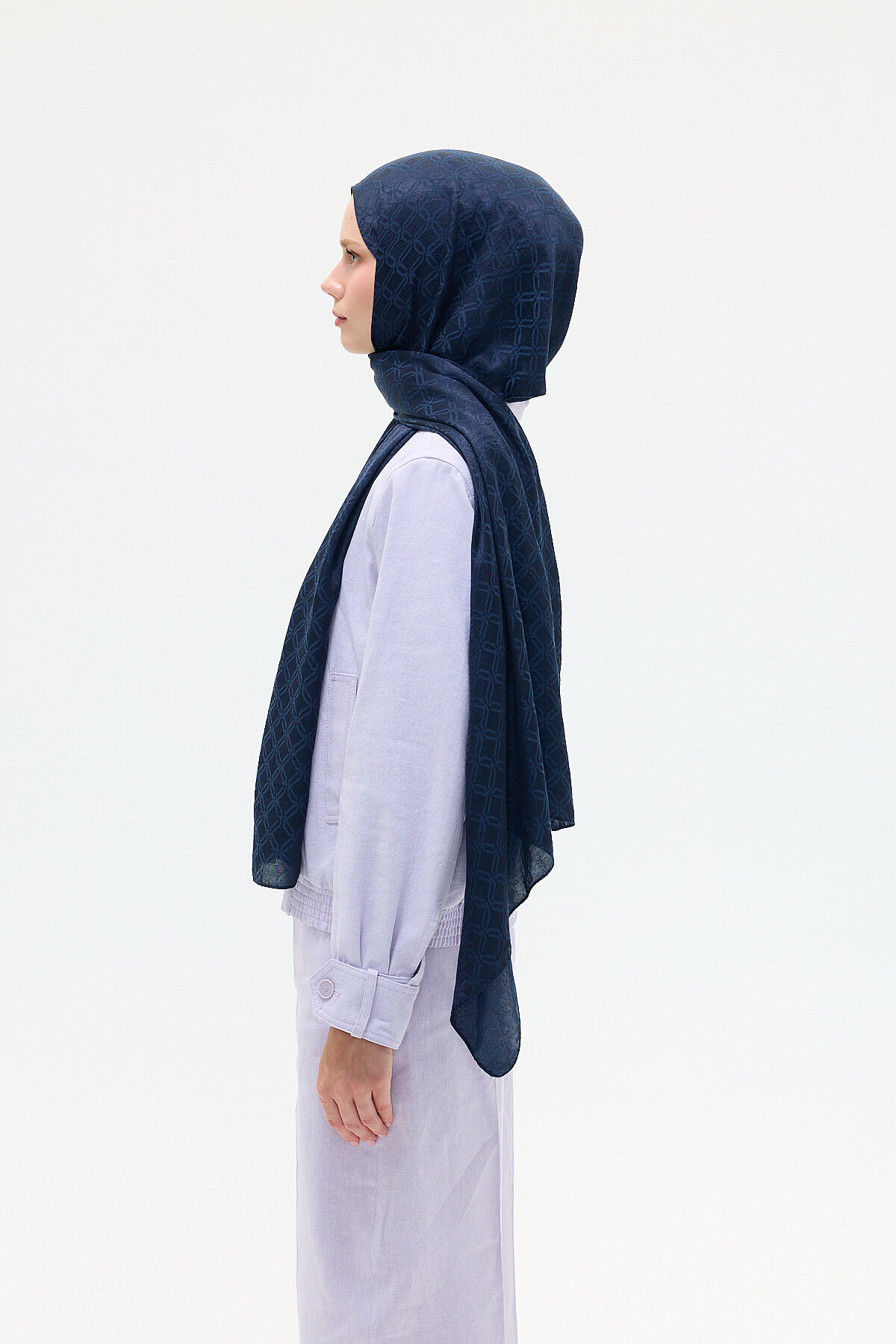 İtalyan Jakar Şal Dama Desen - Lacivert - Camellia Scarfs (1)