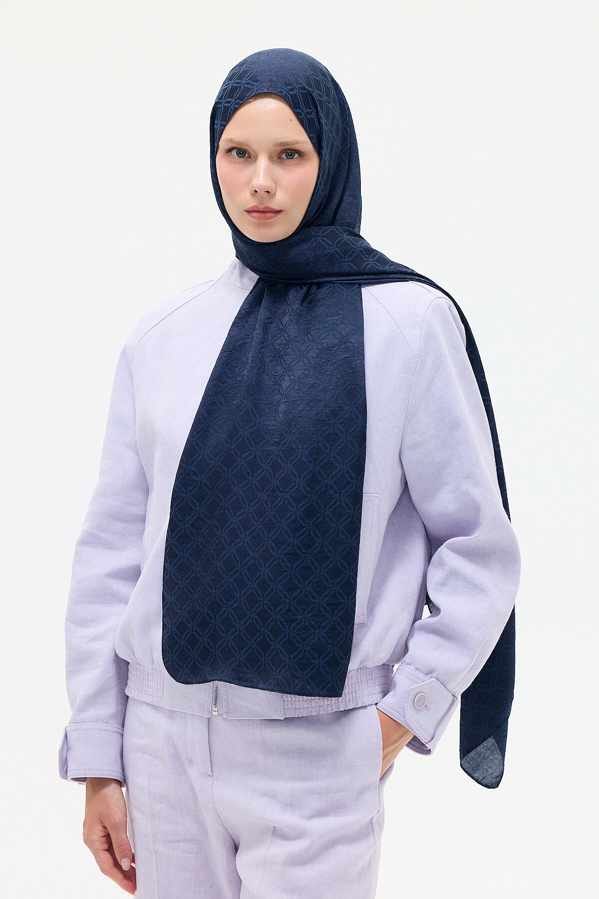 İtalyan Jakar Şal Dama Desen - Lacivert - Camellia Scarfs
