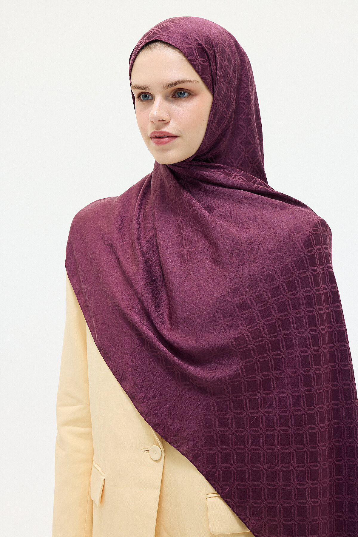 İtalyan Jakar Şal Dama Desen - Mürdüm - Camellia Scarfs (1)