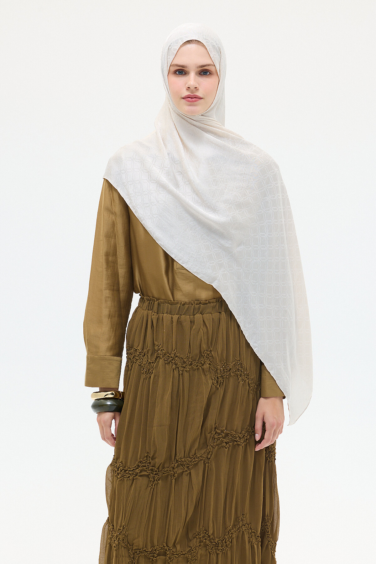 İtalyan Jakar Şal Dama Desen - Taş - Camellia Scarfs
