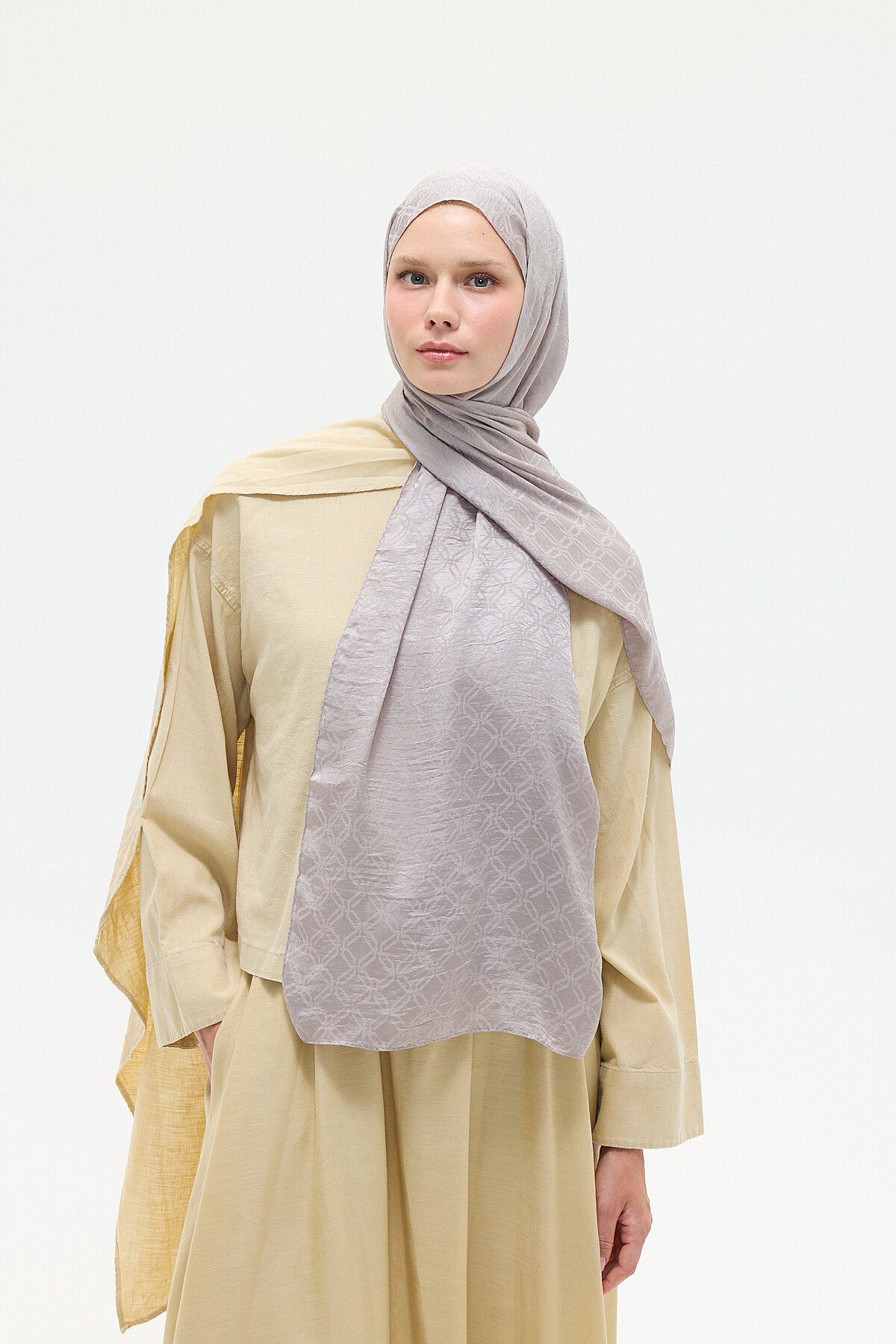 İtalyan Jakar Şal Dama Desen - Vizon - Camellia Scarfs