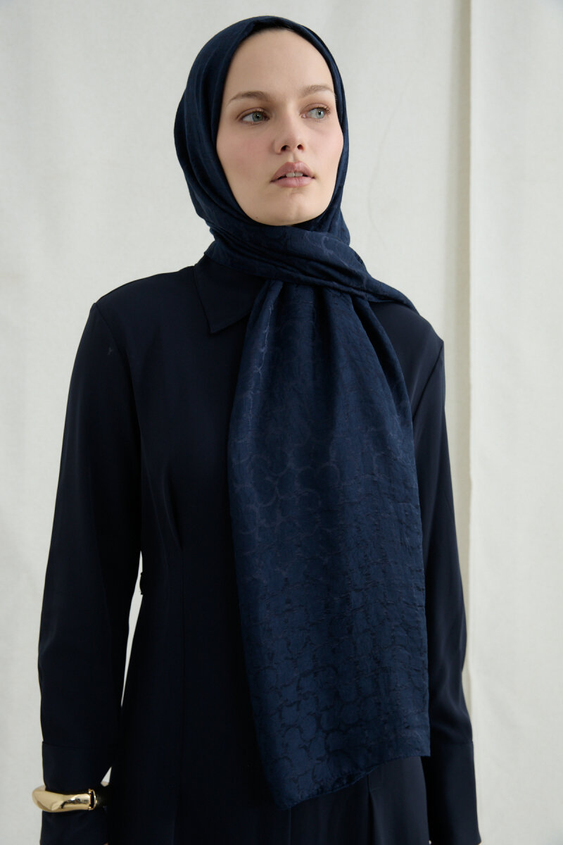 İtalyan Jakar Şal Halka Desen - Lacivert - 3