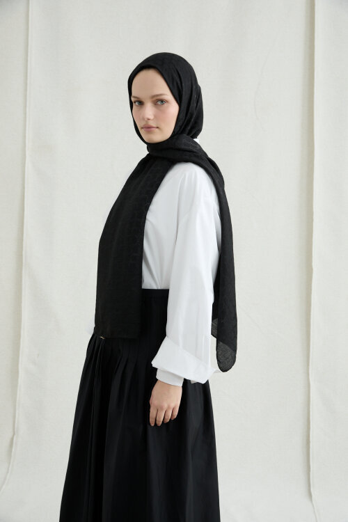 İtalyan Jakar Şal Halka Desen - Siyah - Camellia Scarfs