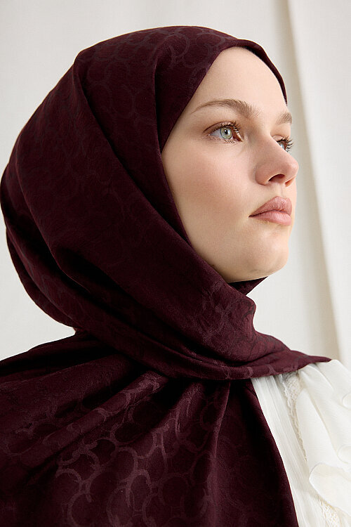 İtalyan Jakar Şal Halka Desen - Bordo - Camellia Scarfs (1)