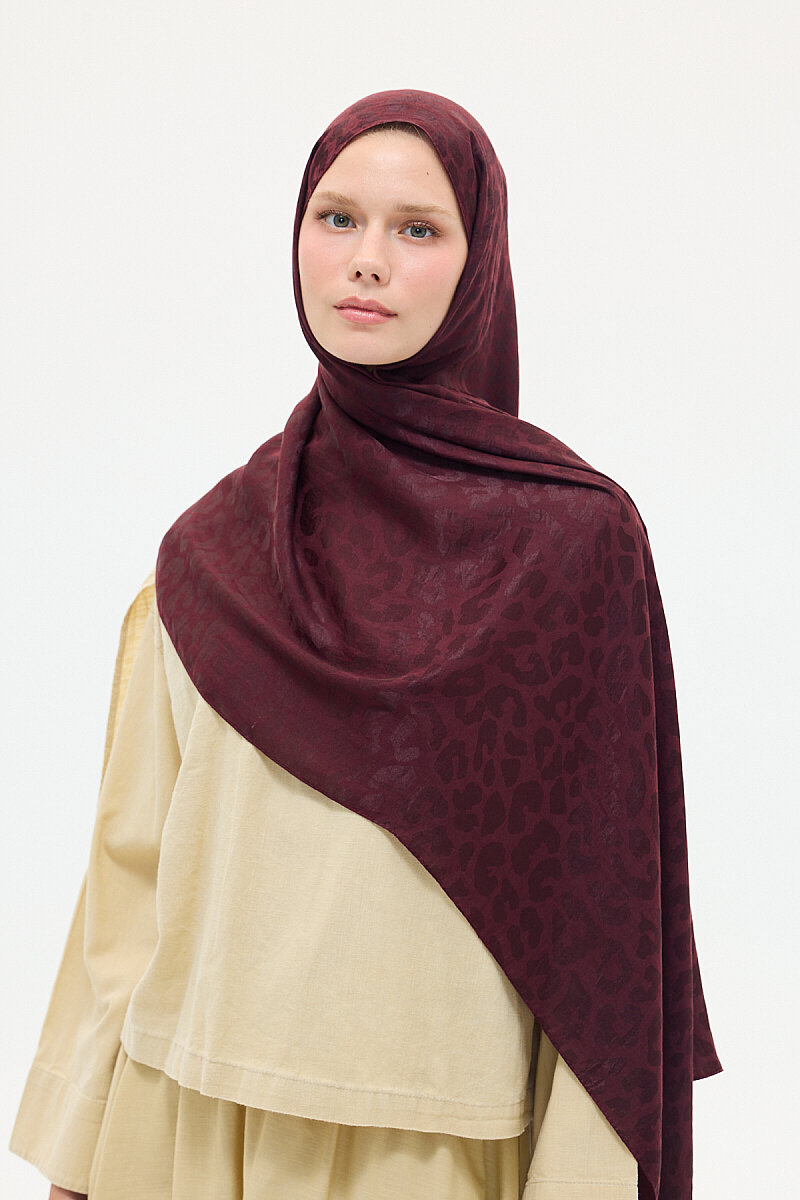 İtalyan Jakar Şal Leopar Desen - Bordo - 3