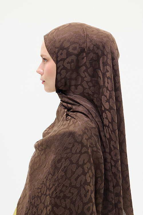 İtalyan Jakar Şal Leopar Desen - Kahve - Camellia Scarfs (1)