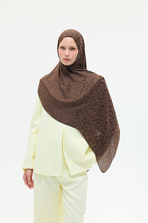 İtalyan Jakar Şal Leopar Desen - Kahve - Camellia Scarfs