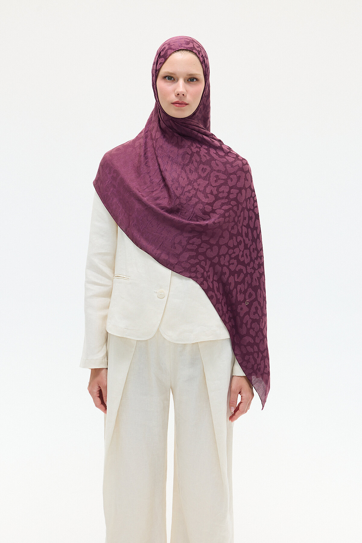 İtalyan Jakar Şal Leopar Desen - Mürdüm - Camellia Scarfs