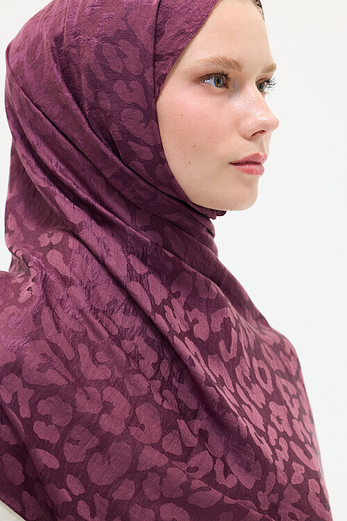 İtalyan Jakar Şal Leopar Desen - Mürdüm - Camellia Scarfs (1)