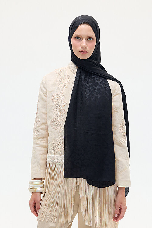 İtalyan Jakar Şal Leopar Desen - Siyah - Camellia Scarfs