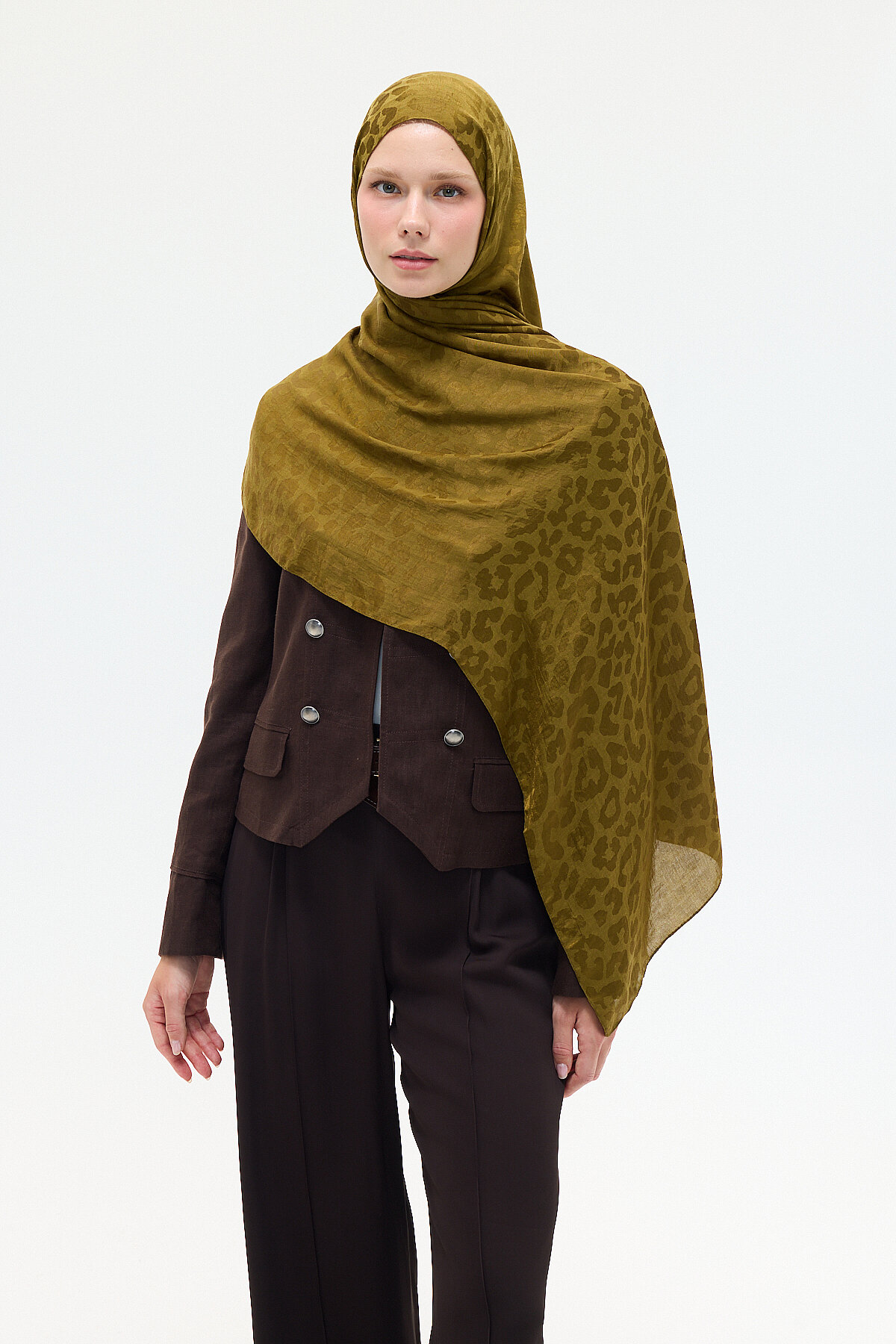 İtalyan Jakar Şal Leopar Desen - Yağ Yeşili - Camellia Scarfs