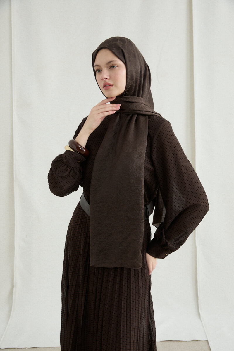İtalyan Jakar Şal Monogram Desen - Acı Kahve - 1