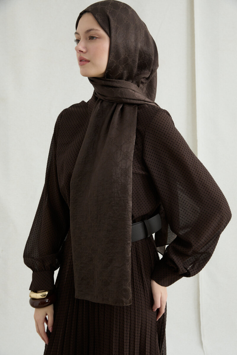 İtalyan Jakar Şal Monogram Desen - Acı Kahve - 2