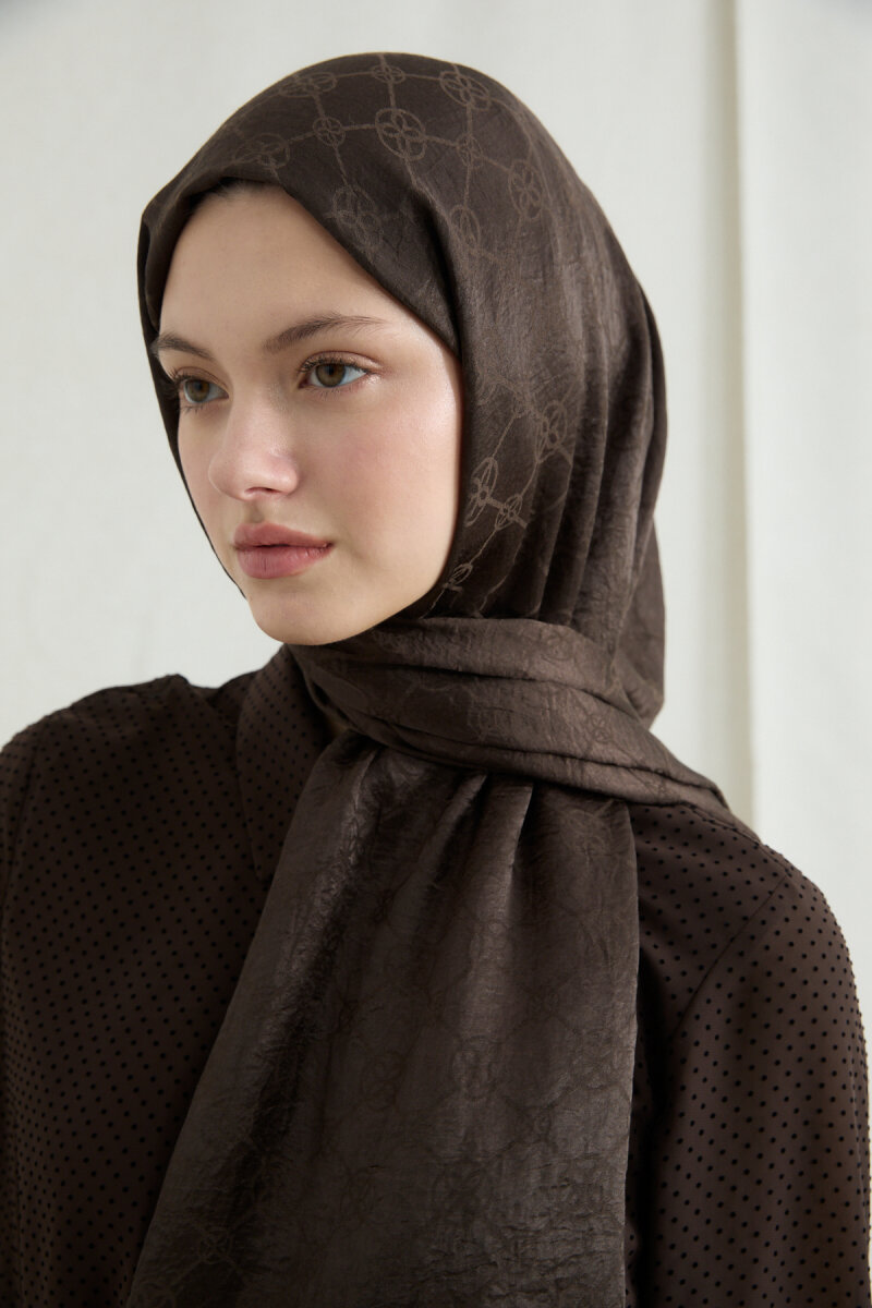 İtalyan Jakar Şal Monogram Desen - Acı Kahve - 3