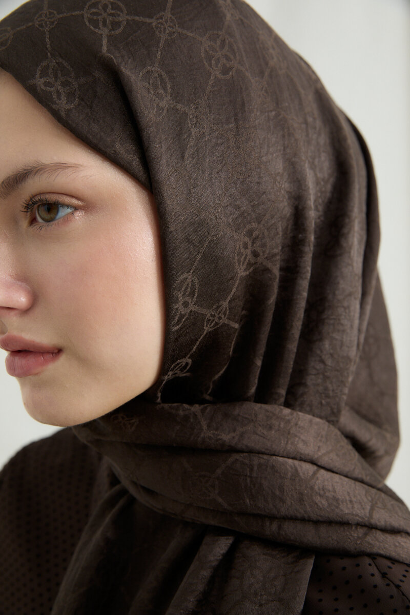 İtalyan Jakar Şal Monogram Desen - Acı Kahve - 4