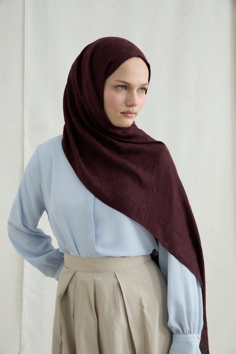 İtalyan Jakar Şal Monogram Desen - Bordo - 2