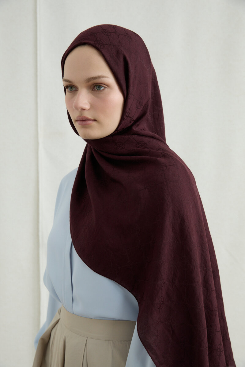 İtalyan Jakar Şal Monogram Desen - Bordo - 3